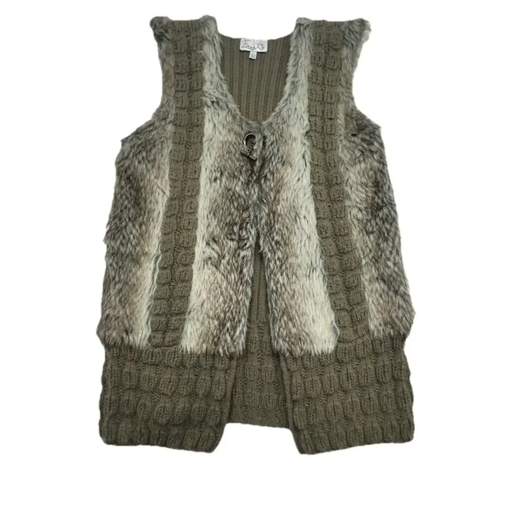 Emma G Womens Large Vest Faux Fur Sweater Wool Cardigan - Picture 1 of 7